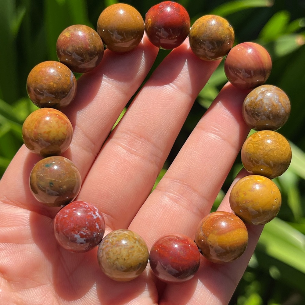14mm multi color red yellow‎ moss agate bracelet